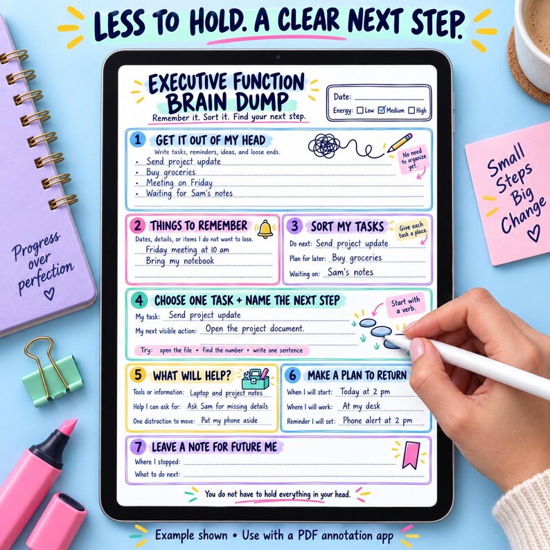 May include: A digital tablet displaying an Executive Function Brain Dump planner template with seven numbered sections for task management, including fields for dates, energy levels, and specific action steps, written in a colorful, hand-drawn style.