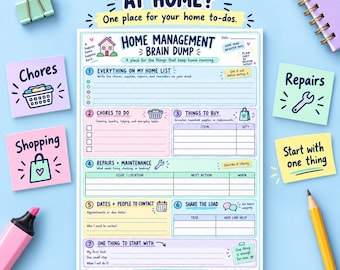 Home Management Brain Dump Printable, Chores & Shopping List, Home Maintenance Worksheet with Guide, A4 US Letter PDF