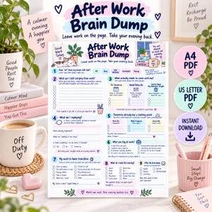 May include: A printable After Work Brain Dump planner page featuring nine numbered sections for evening reflection. The document includes prompts for tasks, mental transitions, and self-care, with pastel-colored headers and illustrations of a cat and plants.