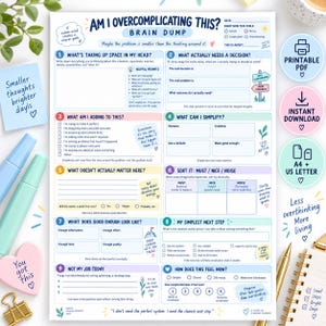 Pode incluir: Uma folha de trabalho de descarga mental intitulada Am I Overcomplicating This? com nove seções numeradas contendo prompts para tomada de decisão, classificação de tarefas e simplificação de pensamentos, com detalhes em azul, rosa e amarelo.