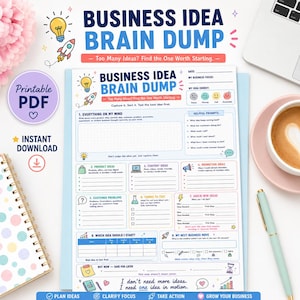 Peut inclure: Une page de planification imprimable Business Idea Brain Dump avec des sections pour les idées de produits, de contenu et de promotion, les problèmes clients et les tâches rapides. Le document inclut une ampoule, une fusée et des textes.
