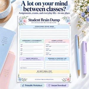 May include: A Student Brain Dump printable worksheet featuring sections for Everything On My Mind, Homework & Assignments, Exams & Study, Group Projects, Personal & Everyday Life, and My Next Small Step, decorated with floral accents in blue and pink.