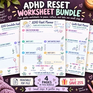 Puede incluir: Un paquete de hojas de trabajo ADHD Reset que incluye cuatro páginas imprimibles con ilustraciones en tonos pastel, listas de verificación y preguntas de reflexión. El texto incluye ADHD Reset Planner, ADHD Overwhelm Reset, Gentle Reset Planner y Mental Reset Worksheet.