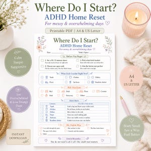 Op de afbeelding: Een printbare ADHD Home Reset checklist getiteld Where Do I Start? met secties voor taken, zones en kleine overwinningen. Het document bevat selectievakjes, iconen voor huishoudelijke artikelen en tekstprompts voor het organiseren van rommelige ruimtes in A4- en US Letter-formaat.