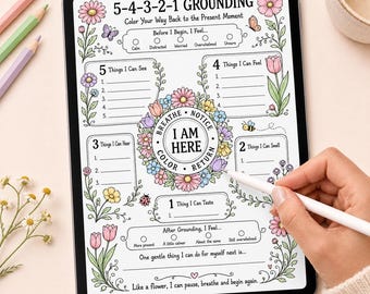 5-4-3-2-1 Grounding Worksheet: Floral Mindfulness Coloring Activity for Anxiety