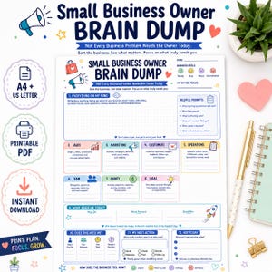 May include: A printable Small Business Owner Brain Dump planner sheet featuring sections for sales, marketing, customers, operations, team, money, and ideas. The document includes prompts, checkboxes, and a daily focus area with a white background and blue text.