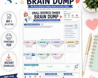 Small Business Owner Brain Dump Printable, Entrepreneur Planner, Business Clarity & Focus Worksheet PDF
