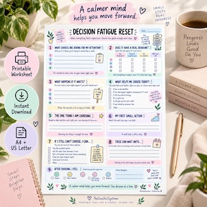 May include: A Decision Fatigue Reset worksheet featuring nine numbered sections with prompts, checkboxes, and lines for writing. The document includes pastel-colored headers, floral illustrations, and text such as A calmer mind helps you move forward and Small steps real progress. The layout is organized for tracking choices, deadlines, and actions.
