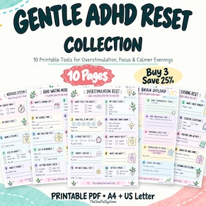 ADHS-Reset-Arbeitsblattpaket: 10 druckbare Seiten für Überstimulation, Konzentration und Abendroutinen