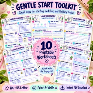 Puede incluir: Un conjunto de 10 hojas de trabajo imprimibles Gentle Start Toolkit para la gestión de tareas. Los documentos incluyen secciones tituladas ADHD Task Starter, What Is Blocking Me, Restart After Interruption y Task Finish Line Checklist con casillas.