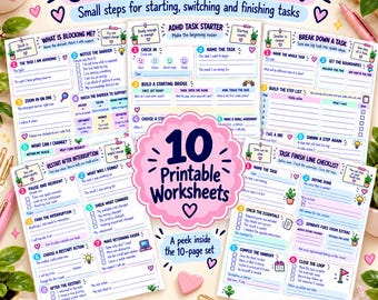 May include: A Gentle Start Toolkit printable worksheet set featuring 10 pages for task management. The documents include sections titled ADHD Task Starter, What Is Blocking Me, Restart After Interruption, and Task Finish Line Checklist with checkboxes.
