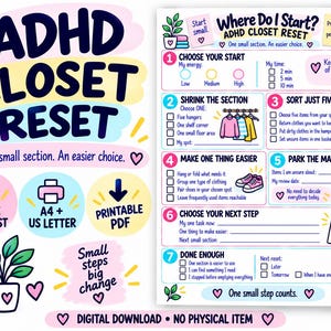 Checklist voor het opruimen van je kledingkast bij ADHD (printbaar), werkblad van één pagina voor het opruimen, A4- en US Letter-formaat (PDF).