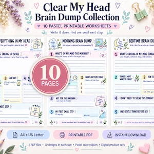 Peut inclure: Une collection de 10 feuilles de travail imprimables aux tons pastel intitulée Clear My Head Brain Dump Collection. Les pages comportent des sections numérotées pour organiser les pensées, dont Everything In My Head et Morning Brain Dump.