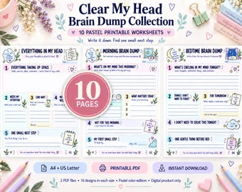 Brain Dump Printable Bundle: 10 Pastel Worksheets, A4 & US Letter PDF