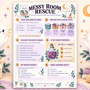 May include: A Messy Room Rescue checklist printed on paper, featuring six numbered steps for organizing a space. The design includes illustrations of ghosts, a broom, a laundry basket, and a potion bottle, with text guiding the cleaning process.