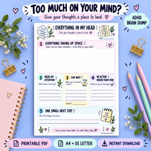 Peut inclure: Une feuille de planification de type brain dump pour TDAH, blanche avec des accents pastel et du texte noir. Les sections incluent Everything Taking Up Space, Needs My Attention, Can Wait, No Action Needed Right Now et One Small Next Step. La page comporte des illustrations de cœurs et de feuilles.