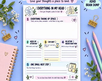 ADHD Brain Dump Printable, Thought Organizer, Small Step Planner (A4 & US Letter PDF)