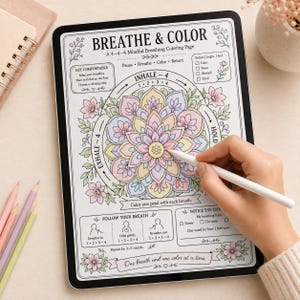 Utskrivbar målarbild med mindfulness, andningsövning 4-4-4, arbetsblad med blommandala, lugnande aktivitet för vuxna