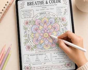 Pagina da colorare per la mindfulness stampabile, esercizio di respirazione 4-4-4, foglio di lavoro con mandala floreale, attività rilassante per adulti