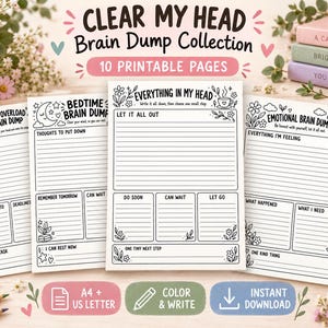 Può includere: Una collezione di 10 pagine stampabili di brain dump con disegni a linee in bianco e nero. I fogli includono intestazioni come Clear My Head, Work Overload Brain Dump, Bedtime Brain Dump e Emotional Brain Dump con sezioni a righe.