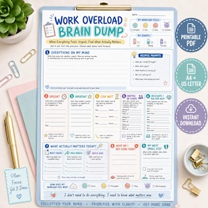 Könnte beinhalten: Ein Work Overload Brain Dump Planungsblatt auf einem Klemmbrett mit Abschnitten für Aufgaben, Dringendes, Delegation und tägliche Prioritäten. Das Dokument enthält Abfragen zur Arbeitsbelastung und zum Energielevel sowie Textfelder und Checkboxen.