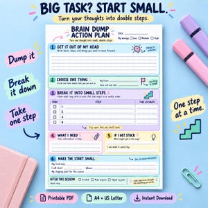 Könnte beinhalten: Eine druckbare Brain Dump Action Plan Planerseite mit pastellfarbenen Abschnitten. Der Text lautet: BIG TASK? START SMALL. Turn your thoughts into doable steps. Die Abschnitte umfassen Get It Out Of My Head, Choose One Thing, Break It Into Small Steps, What I Need, If I Get Stuck und Make The Start Small.