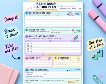 Brain Dump Action Plan Printable, Task Breakdown Worksheet, Small Steps Planner with How to Use Guide, A4 & US Letter PDF
