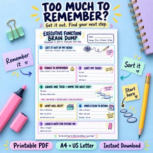 Executive Function Brain Dump Printable, Task Organizer Worksheet & How to Use Guide, A4 and US Letter PDF