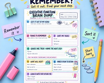 Executive Function Brain Dump Printable, Task Organizer Worksheet & How to Use Guide, A4 and US Letter PDF