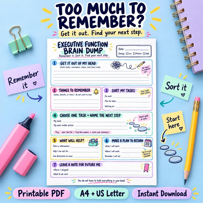 May include: A white paper planner sheet titled Executive Function Brain Dump with seven numbered sections for task management, including lines for writing, checkboxes, and icons. The sheet features colorful borders and text, surrounded by a pink highlighter, a yellow pencil, and sticky notes on a light blue background.