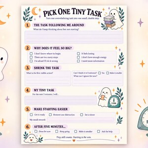 Folha de Atividades para Iniciar Tarefas para TDAH, Exercício de Função Executiva de 5 Minutos para Imprimir, Planejador de Halloween Assustador e Suave