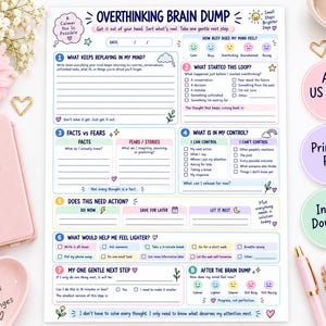 May include: A printable Overthinking Brain Dump worksheet featuring eight sections with prompts for managing thoughts, including checkboxes and mood scales. The document includes text like A Calmer You Is Possible and Small Steps Brighter Days.