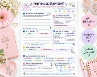Overthinking Brain Dump Printable, ADHD Overwhelm Worksheet, Facts vs Fears Journal, Mental Reset Planner, A4 US Letter PDF