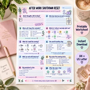 Puede incluir: Una hoja de trabajo blanca titulada After Work Shutdown Reset con diez secciones numeradas para la reflexión diaria. El diseño presenta cajas de colores pastel, casillas de verificación y sugerencias para el equilibrio entre el trabajo y la vida personal.