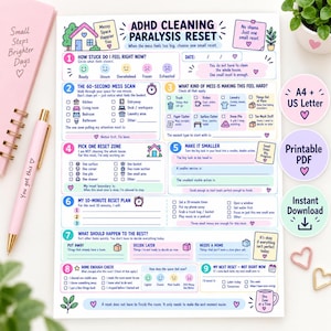 May include: A printable ADHD cleaning paralysis reset checklist with nine numbered sections, colorful icons, and text prompts to help manage household tasks. The document includes sections for mood tracking, zone selection, and small action planning.