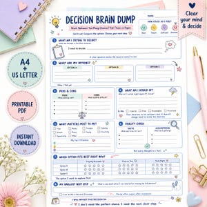 May include: A white paper decision brain dump worksheet with blue text and headers. The document includes sections for options, pros and cons, fears, priorities, reality checks, and next steps, decorated with small icons like stars and hearts.