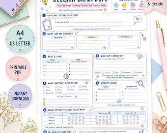 Decision Brain Dump Printable, Decision Making Worksheet, Pros & Cons Planner, A4 + US Letter PDF