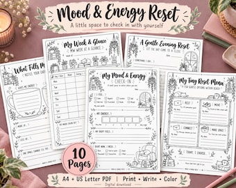 Mood and Energy reset Printable, 10 Self-Care Worksheets, A4 & US Letter PDF