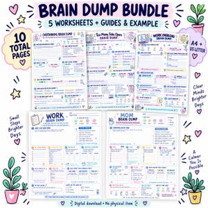 Könnte beinhalten: Ein Brain Dump-Paket mit insgesamt 10 Arbeitsblattseiten und Anleitungen. Das Set enthält Vorlagen für Overthinking, Too Many Tabs Open, Work Overload, Work und Mom Brain Dump mit pastellfarbenen Akzenten, Checkboxen und hilfreichen Fragen.