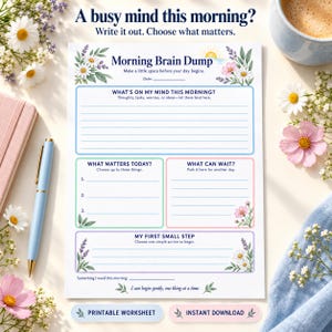 Könnte beinhalten: Ein weißes Arbeitsblatt mit dem Titel Morning Brain Dump und Blumenillustrationen. Es enthält Abschnitte für Gedanken, Aufgaben, Prioritäten und Schritte. Der Text umfasst A busy mind this morning? Write it out. Choose what matters. sowie Überschriften wie What Matters Today und What Can Wait.