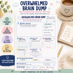 Può includere: Una pagina di pianificazione stampabile Overwhelmed Brain Dump con sezioni per attività, preoccupazioni e priorità. Il documento include suggerimenti come Empty Your Head, What I Can Control e What Matters Most Right Now, con icone e testo colorati.