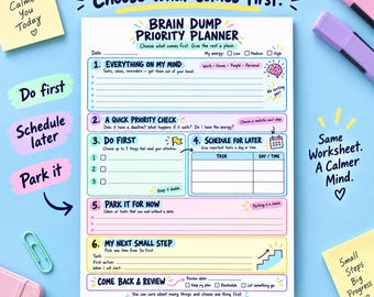 Brain Dump Priority Planner Printable, Task Prioritization Worksheet, Daily To Do List with How to Use Guide, A4 & US Letter PDF