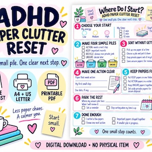 May include: A digital ADHD paper clutter reset checklist with a seven-step guide, colorful icons, and text including 'Where Do I Start?', '1-Page Checklist', 'A4 + US Letter', and 'Printable PDF'. The design features pink hearts, books, and plants.