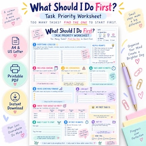 以下が含まれることがあります： What Should I Do First?というタイトルのタスク優先順位ワークシート。タスク、期限、目標を整理するための10の番号付きセクションがあり、チェックボックス、記入欄、薄紫色のペン、ペーパークリップが含まれています。
