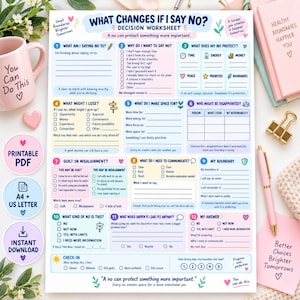 May include: A printable decision worksheet titled What Changes If I Say No? featuring twelve numbered sections with checkboxes, prompts, and icons. The document includes text fields for personal reflection, boundary setting, and emotional check-ins in a pastel color palette.