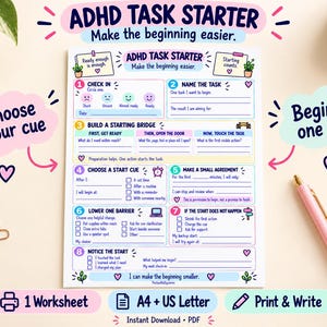Puede incluir: Una hoja de trabajo blanca ADHD Task Starter con texto e iconos en azul, rosa y morado. El documento presenta ocho secciones numeradas para la gestión de tareas, incluyendo registro, nombres de tareas y pasos iniciales.