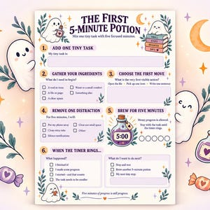 Puede incluir: Una hoja de planificación de tareas titulada The First 5-Minute Potion con seis pasos numerados, con ilustraciones de fantasmas blancos, frascos de pociones morados, libros coloridos y dulces sobre un fondo rosa claro con estrellas y lunas.