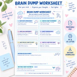 Op de afbeelding: Een printbaar Brain Dump werkblad met zes genummerde secties voor het organiseren van gedachten, inclusief prompts zoals What Keeps Coming Back en What Do I Need To Remember, met blauwe tekst, pastelkleurige accenten en een lichtblauwe pen.