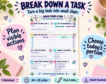 May include: A task management worksheet titled BREAK DOWN A TASK with seven numbered sections for planning steps, including fields for naming the task, setting boundaries, building a step list, checking order, shrinking steps, and reviewing the path.