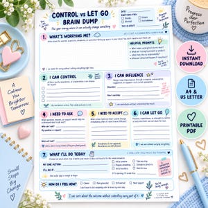 Puede incluir: Una hoja de trabajo de papel blanco titulada Control vs Let Go con secciones para preocupaciones, control, influencia, pedir, aceptar y dejar ir. El diseño incluye casillas de verificación, líneas para escribir y acentos en tonos pastel.